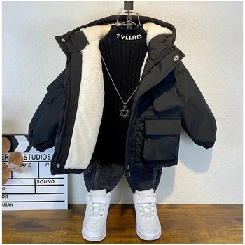 Ново зимно пухено памучно яке за момчета, черно палто с качулка, детско връхно облекло, облекло, тийнейджърско 3-8 г., детска парка, подплатен снежен костюм