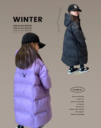 2023 Зимни нови дрехи Пухени якета за тийнейджърки Дълъг стил Детски памучни палта с качулка Свободни детски ветровки Палта