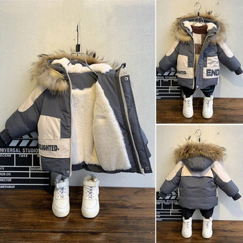 Νέο μωρό γούνινο γιακά με κουκούλα Χειμερινό παλτό για αγόρια Βαμβακερό βελούδινο χοντρό ζεστό μπουφάν για παιδικό παλτό για αγόρια 2-8 ετών