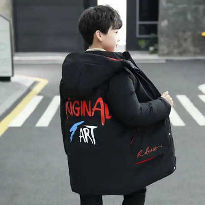 4-12 metų žieminė nauja berniukiška kamufliažinė pūkinė striukė vaikiška pastorinta vidutinė ir ilga didelė vilnonė medvilnė striukė