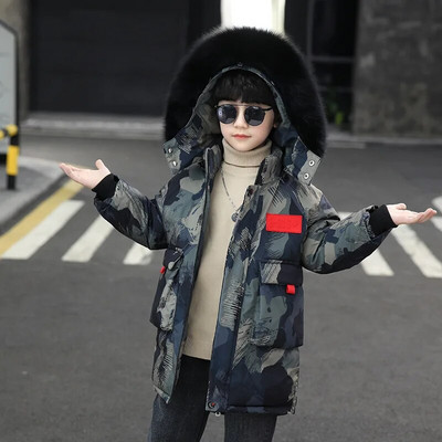 4-12 metų žieminė nauja berniukiška kamufliažinė pūkinė striukė vaikiška pastorinta vidutinė ir ilga didelė vilnonė medvilnė striukė
