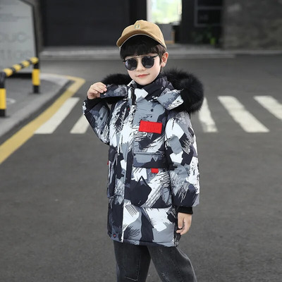 4-12 metų žieminė nauja berniukiška kamufliažinė pūkinė striukė vaikiška pastorinta vidutinė ir ilga didelė vilnonė medvilnė striukė