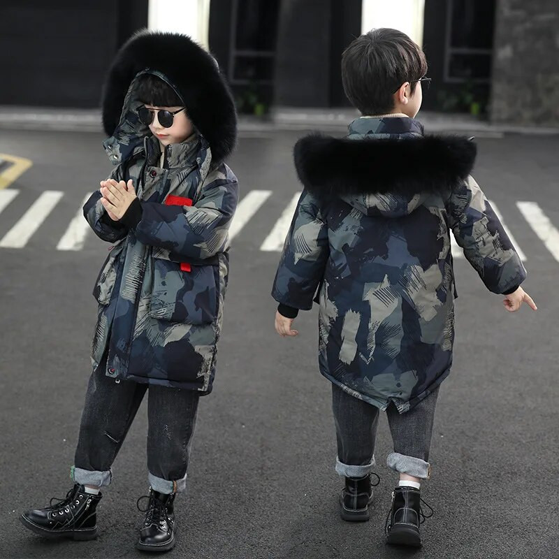 4-12 metų žieminė nauja berniukiška kamufliažinė pūkinė striukė vaikiška pastorinta vidutinė ir ilga didelė vilnonė medvilnė striukė