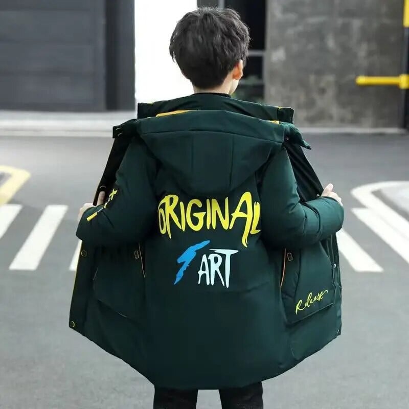 4-12 metų žieminė nauja berniukiška kamufliažinė pūkinė striukė vaikiška pastorinta vidutinė ir ilga didelė vilnonė medvilnė striukė