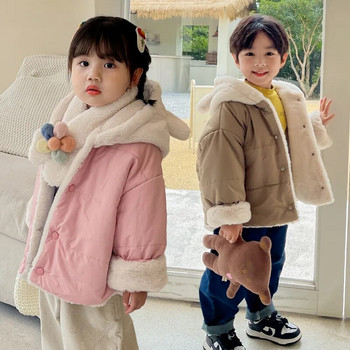 Детско сладко Ins корейско бебешко палто Неутрално удебелено едноцветно палто 2022 Зимно топло яке за момче с качулка Ежедневно палто за момичета с мече