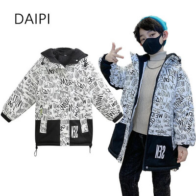 4–15 gadus veca dūnu jaka zēnam Graffiti Letter Boy Child Coat 2023 Fashion Fluff Warm Windproof Parkas Boys Ziemas jaka