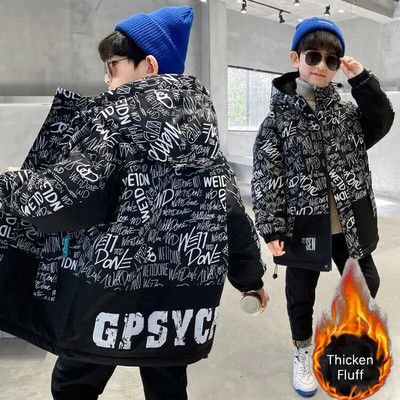 4–15-aastane sulejope poistele Graffiti Letter Boy Child Coat 2023 Fashion Fluff Soe tuulekindel Parkas Poiste talvejope