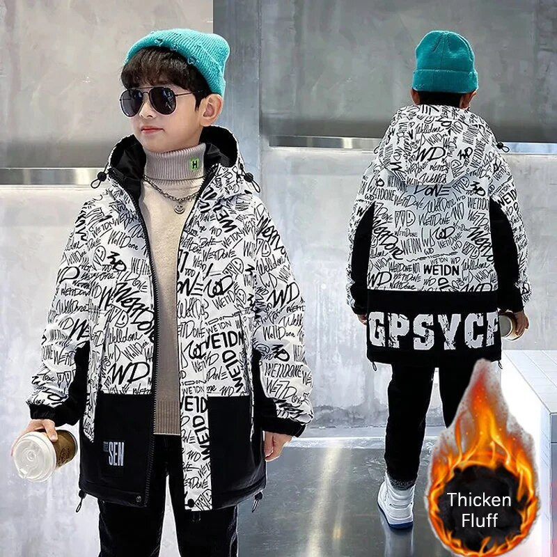 4–15-aastane sulejope poistele Graffiti Letter Boy Child Coat 2023 Fashion Fluff Soe tuulekindel Parkas Poiste talvejope