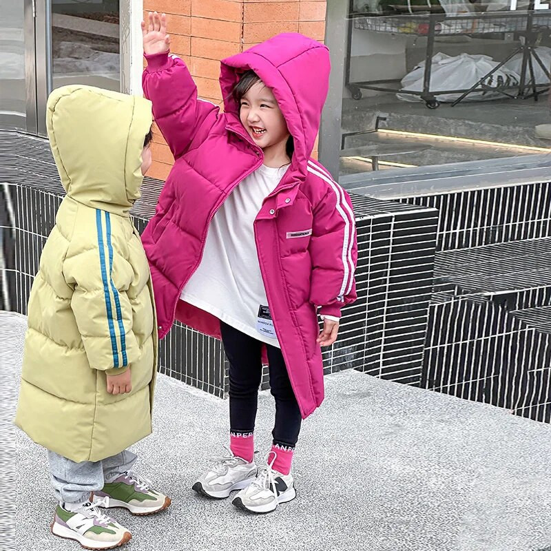 Nauji vaikiški stori paltai žieminiai berniukai mergaičių paminkštinti šilti viršutiniai drabužiai vaikiški drabužiai su gobtuvu medvilniniai drabužiai striukės sniego kostiumas