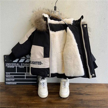 Χειμερινό παλτό για αγόρι 2022 Νέο μωρό γιακά με γούνα με κουκούλα βαμβακερό βελούδινο χοντρό ζεστό μπουφάν για παιδικό παλτό για αγόρια 2-8 ετών
