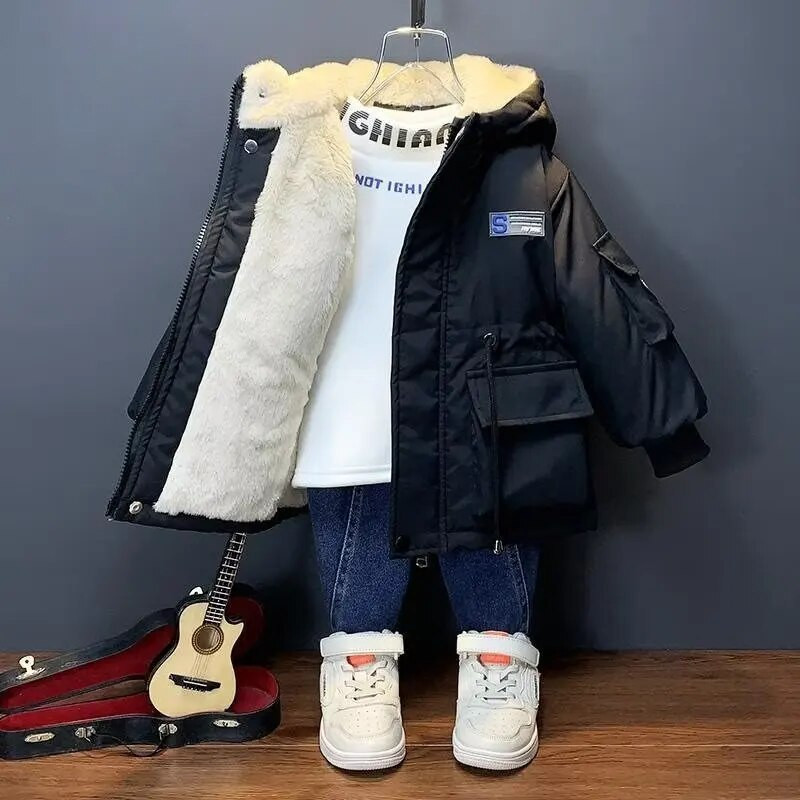 Žieminė striukė berniukams, mergaitėms, vidutinio ilgio pūkinė striukė Nauja, stora gobtuvu, didelė vaikiška striukė vaikams nuo 2 iki 10 metų