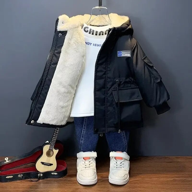 Žieminė striukė berniukams, mergaitėms, vidutinio ilgio pūkinė striukė Nauja, stora gobtuvu, didelė vaikiška striukė vaikams nuo 2 iki 10 metų