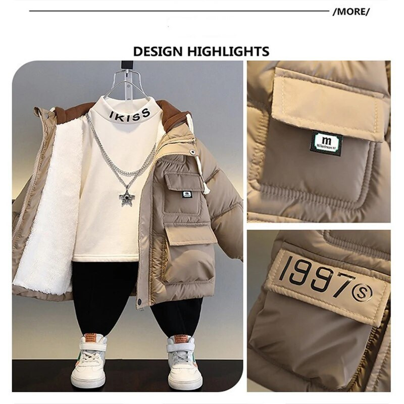 Lastele poistele, lisaks sametist kapuutsiga puuvillane mantel Talvine paks soe sulejope Lasteriided puuvillase polsterdatud Parka lumekostüüm 4-12 aastat