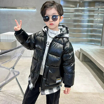 Παιδικό χειμωνιάτικο μπουφάν για αγόρια με βαμβακερή επένδυση Χοντρό μαύρο γυαλιστερό παλτό Παιδικό καρό κουκούλα χωρίς πλύσιμο