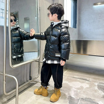 Παιδικό χειμωνιάτικο μπουφάν για αγόρια με βαμβακερή επένδυση Χοντρό μαύρο γυαλιστερό παλτό Παιδικό καρό κουκούλα χωρίς πλύσιμο