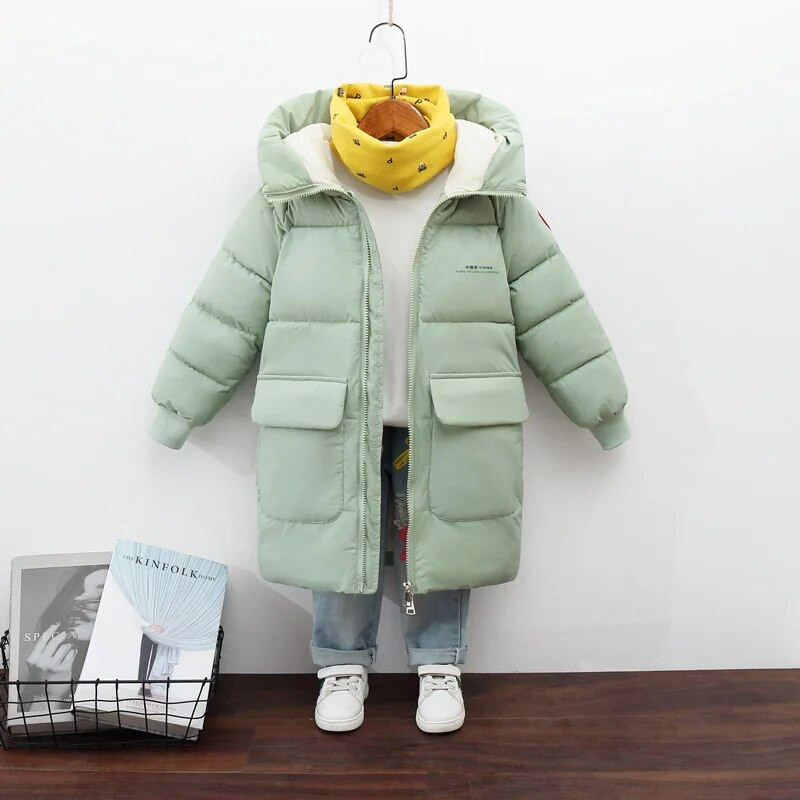 Talvised lapsed, pika kapuutsiga ülerõivad, teismelised poisid, tüdrukud, puuvillase polsterdatud parkmantel, suured lapsed, paksud, soojad puuvillased jakid