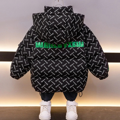 Nauji vaikiški pūkiniai medvilniniai parkai rūbai pastorinti didelėmis raidėmis Žieminis paauglys berniukas žalia striukė vaikams šiltu gobtuvu paminkštintas laisvalaikio paltas