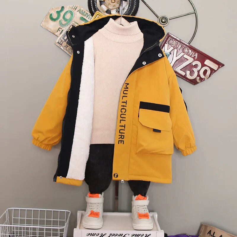 Žiemos berniukų šilto kontrasto vilnos striukės su gobtuvu Studentų termiškai ilgi paltai Vaikiški Parka Vaikiški drabužiai 3-13 metų