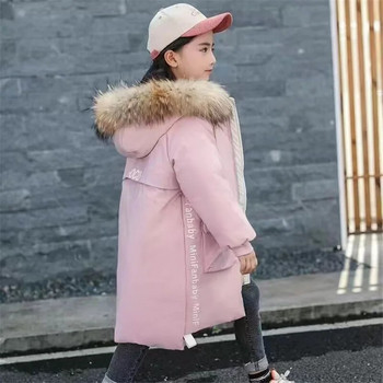 Зимно момиче, детско яке, големи деца, дебели топли дълги палта, кожена яка с качулка, тежко памучно връхно облекло, детска студена парка, снежен костюм