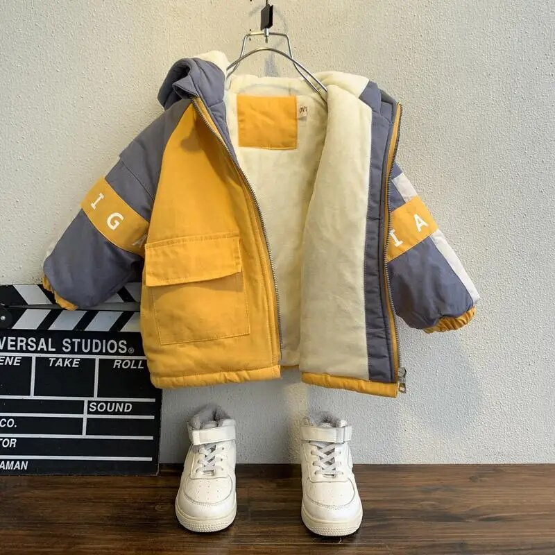 2-9-aastaste poiste talve paks kapuutsiga jope lastele ülerõivad beebipoistele vatipolsterdatud pluss samettrükiga jope poiste riietele