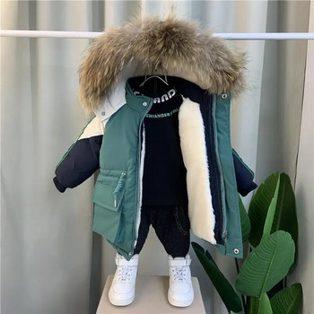 Зимни момчета Топли якета с поларена подплата с шнурове, подвижна кожена качулка, зимни якета, детски термични парки, детско облекло, горни палта 1-11 години