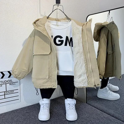 2023 Winter Baby Boys με κουκούλα, ζεστή γούνα με κουκούλα και κορδόνι με φερμουάρ Παιδικά Παιδικά ρούχα Top παλτό 2-10 ετών