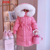 Korėjos mergaitės žiemos striukė 2023 m. Naujas blizgus Snow Down medvilninis paltas su gobtuvu Storas šiltas ilgas viršutinis drabužis Princess Flower Kids Parkas