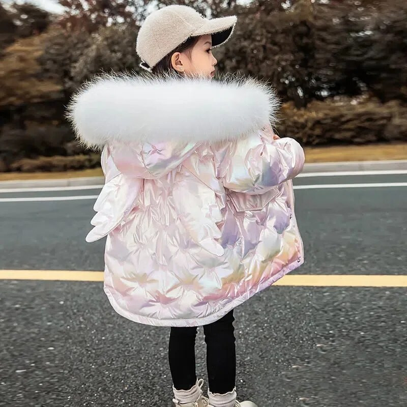 2023 m. žieminė pūkinė striukė mergaičių paltai Madingi vienaragis, blizgūs, vandeniui atsparūs vaikiški viršutiniai drabužiai 3–10 metų paaugliams, Parka Snowsuit