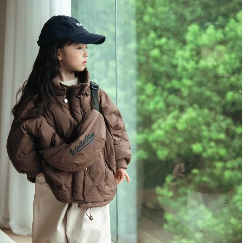 Κοριτσίστικη χειμερινή λευκή πάπια πουπουλένια παιδική μονόχρωμη ζεστασιά και χοντρή ζακέτα με φερμουάρ μοντέρνα χειμωνιάτικη παιδική Parker