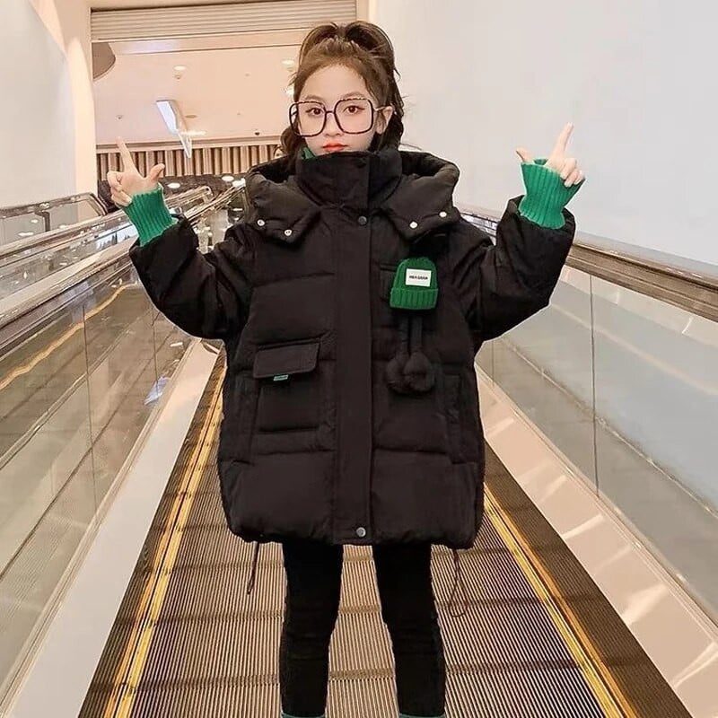 4–12 m. mergaičių striukė, ilga vientisos spalvos animacinis filmukas triušis, storas, šiltas su gobtuvu, skirtas paaugliams, medvilniniai viršutiniai drabužiai