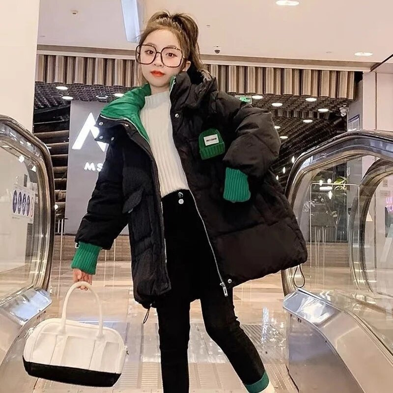 4–12 m. mergaičių striukė, ilga vientisos spalvos animacinis filmukas triušis, storas, šiltas su gobtuvu, skirtas paaugliams, medvilniniai viršutiniai drabužiai