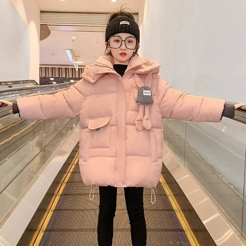 4–12 m. mergaičių striukė, ilga vientisos spalvos animacinis filmukas triušis, storas, šiltas su gobtuvu, skirtas paaugliams, medvilniniai viršutiniai drabužiai