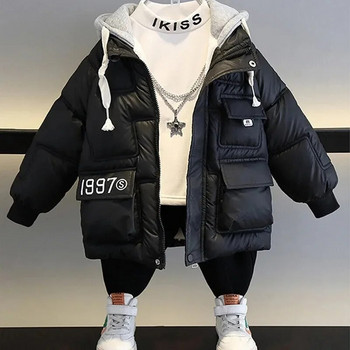Тийнейджърско зимно пухено яке за момчета Топли модно бебешко палто с качулка и цип Връхни дрехи за момчета Подарък за рожден ден 3-12 години Детски дрехи