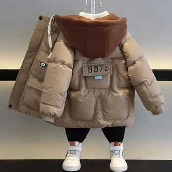 Тийнейджърско зимно пухено яке за момчета Топли модно бебешко палто с качулка и цип Връхни дрехи за момчета Подарък за рожден ден 3-12 години Детски дрехи
