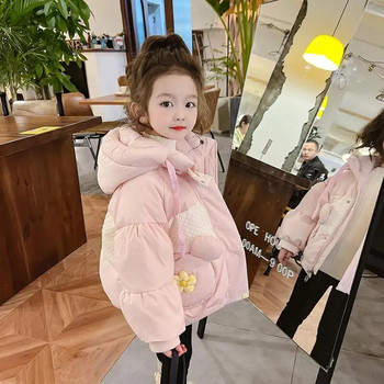 Яке за момичета Памучно палто Зима 2023 Нова улична мода Сладко розово парка с качулка и цип Прекрасно дебело външно облекло с джоб за мече