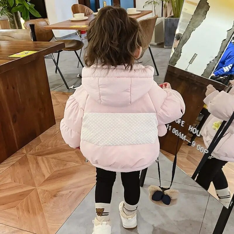 Μπουφάν για κορίτσια Βαμβακερό παλτό Χειμώνας 2023 Νέα μόδα Street Γλυκό ροζ φερμουάρ με κουκούλα Parka Lovely Bear Τσέπη για αυτί Χοντρά ρούχα