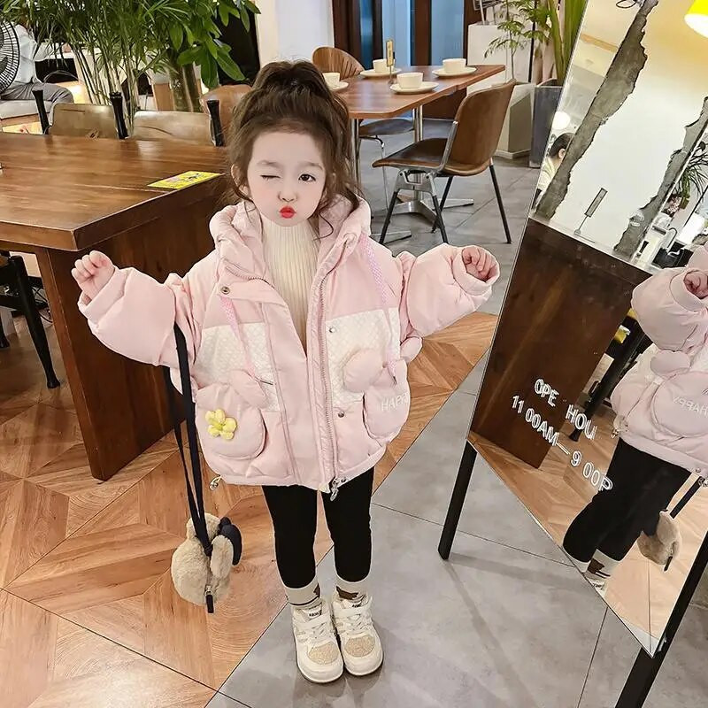 Μπουφάν για κορίτσια Βαμβακερό παλτό Χειμώνας 2023 Νέα μόδα Street Γλυκό ροζ φερμουάρ με κουκούλα Parka Lovely Bear Τσέπη για αυτί Χοντρά ρούχα