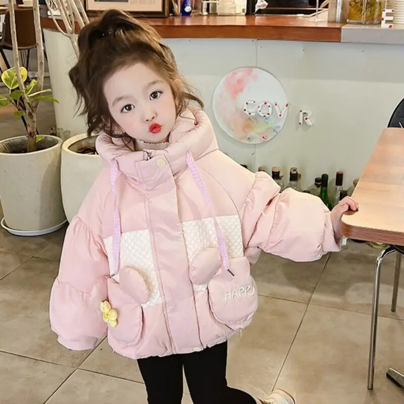 Μπουφάν για κορίτσια Βαμβακερό παλτό Χειμώνας 2023 Νέα μόδα Street Γλυκό ροζ φερμουάρ με κουκούλα Parka Lovely Bear Τσέπη για αυτί Χοντρά ρούχα