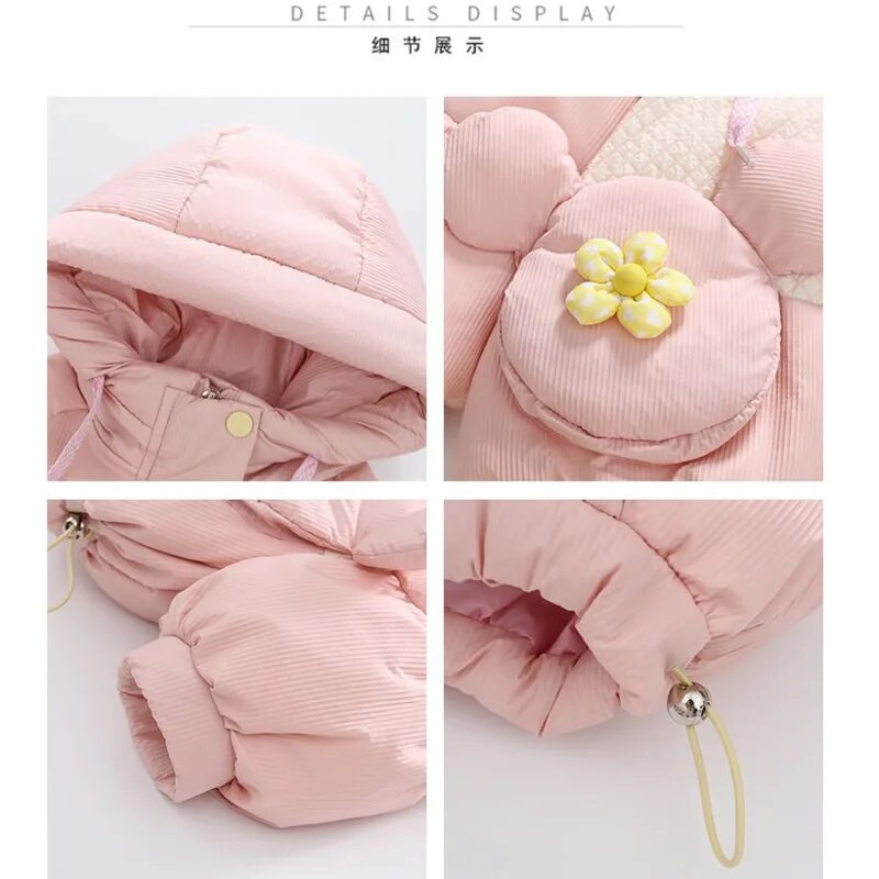 Μπουφάν για κορίτσια Βαμβακερό παλτό Χειμώνας 2023 Νέα μόδα Street Γλυκό ροζ φερμουάρ με κουκούλα Parka Lovely Bear Τσέπη για αυτί Χοντρά ρούχα