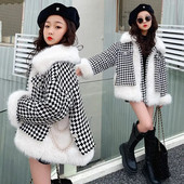 Rudens žiemos vaikų mergaičių pliušinis pastorintas languotas paltas Šilti viršutiniai drabužiai kūdikiams, dirbtinio kailio apykaklė Madinga korėjietiška 5-12 m.