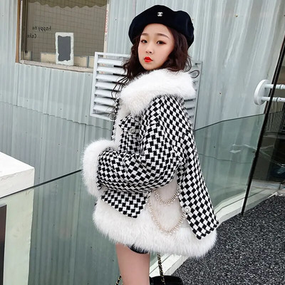 Rudens žiemos vaikų mergaičių pliušinis pastorintas languotas paltas Šilti viršutiniai drabužiai kūdikiams, dirbtinio kailio apykaklė Madinga korėjietiška 5-12 m.