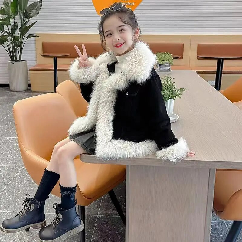 2023 m. žiemos mergaičių striukė vaikams, plius aksominė džinsinė striukė, vaikiški drabužiai kailinė apykaklė mergaičių striukė mažyliui