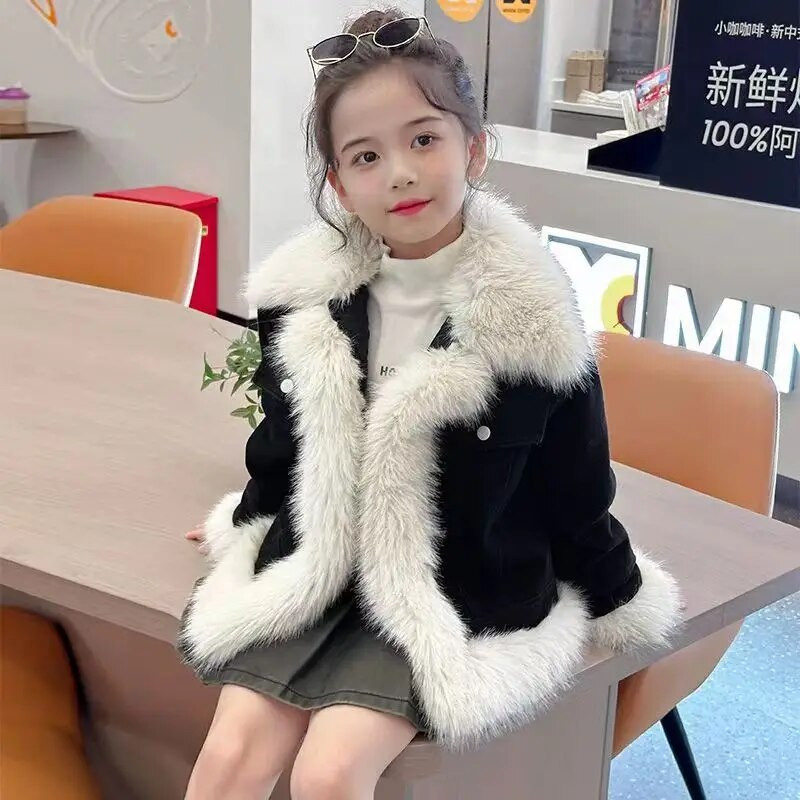 2023 m. žiemos mergaičių striukė vaikams, plius aksominė džinsinė striukė, vaikiški drabužiai kailinė apykaklė mergaičių striukė mažyliui