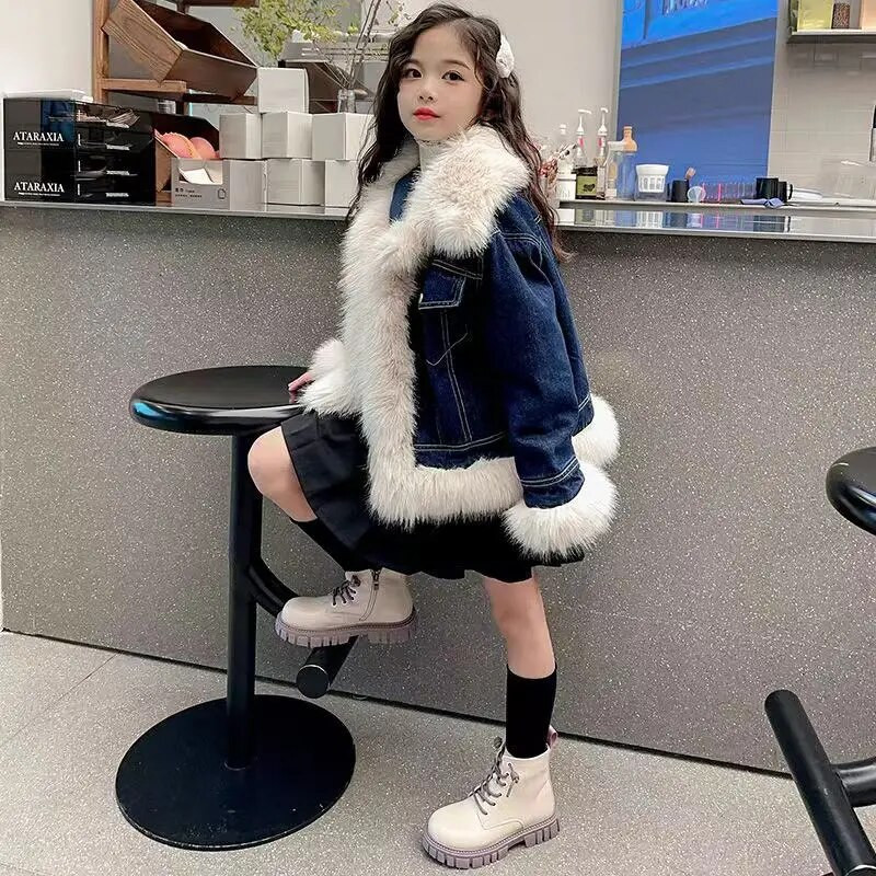 2023 m. žiemos mergaičių striukė vaikams, plius aksominė džinsinė striukė, vaikiški drabužiai kailinė apykaklė mergaičių striukė mažyliui