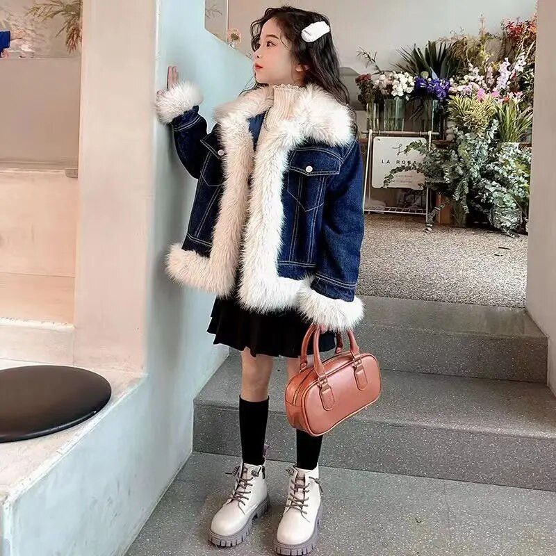 2023 m. žiemos mergaičių striukė vaikams, plius aksominė džinsinė striukė, vaikiški drabužiai kailinė apykaklė mergaičių striukė mažyliui