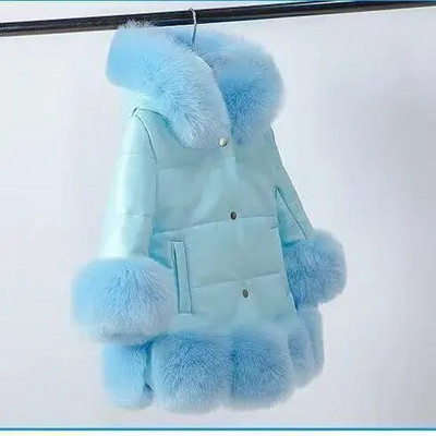 2023 m. žiemos vaikams mergaičių PU odos kratinys dirbtinio lapės kailio apykaklė pūkinė striukė Vaikiškas storas šiltas gobtuvas Parkas Viršutiniai drabužiai W31