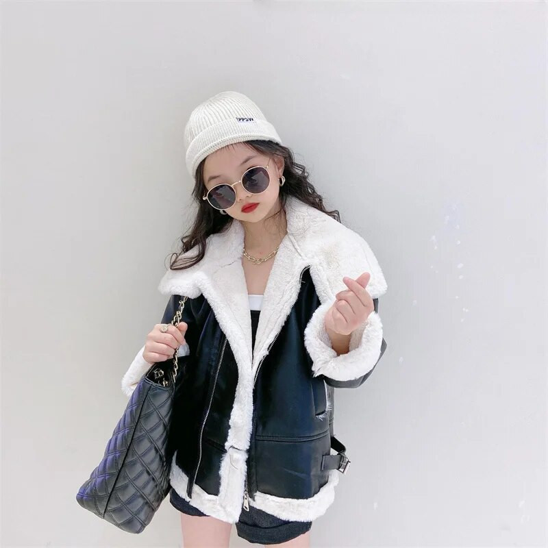 Mergaičių paltas Striukė Medvilnė nuo vėjo apsaugantys viršutiniai drabužiai 2023 m. plaukuotas PU šiltas storas rudens slidinėjimo apranga Patogūs mokykliniai vaikų drabužiai