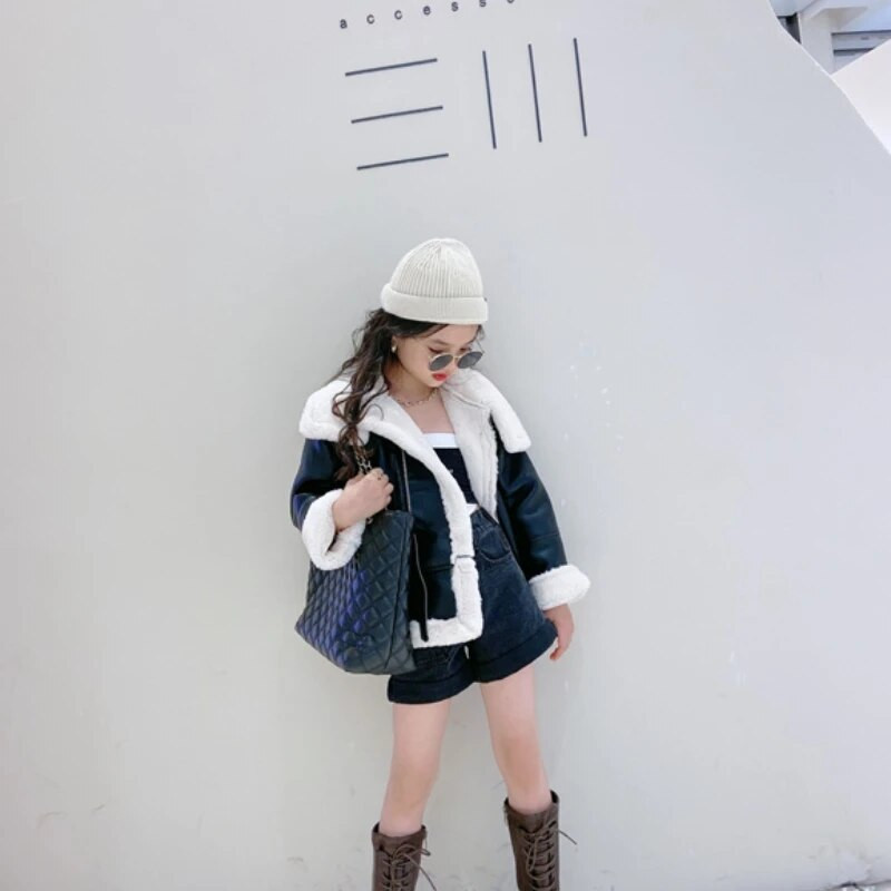 Mergaičių paltas Striukė Medvilnė nuo vėjo apsaugantys viršutiniai drabužiai 2023 m. plaukuotas PU šiltas storas rudens slidinėjimo apranga Patogūs mokykliniai vaikų drabužiai