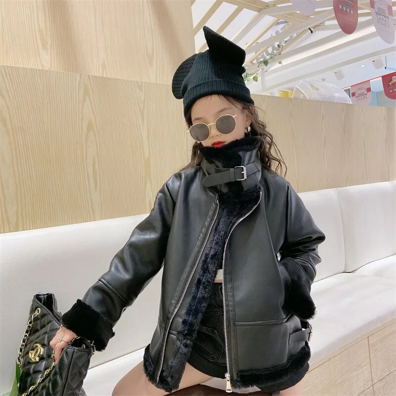 Mergaičių paltas Striukė Medvilnė nuo vėjo apsaugantys viršutiniai drabužiai 2023 m. plaukuotas PU šiltas storas rudens slidinėjimo apranga Patogūs mokykliniai vaikų drabužiai