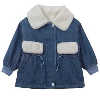 2023 Есенно/зимно плюшено дънково палто за момичета, топло дънково горнище с вдигната яка за детски дрехи CH236